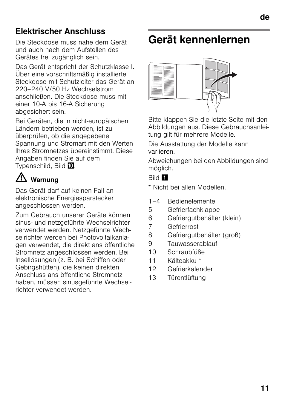 Elektrischer anschluss, Gerät kennenlernen, De 11 elektrischer anschluss | Bosch GSV33VW30 Congélateur armoire Confort User Manual | Page 11 / 94