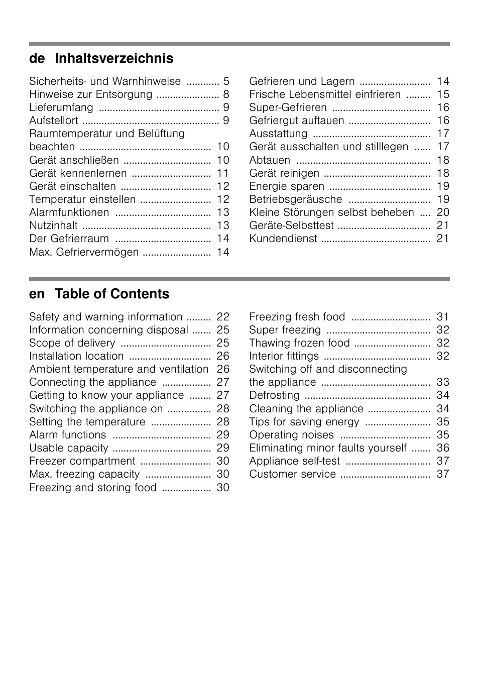 De inhaltsverzeichnis, En table of contents | Bosch GSV33VW30 Congélateur armoire Confort User Manual | Page 2 / 94