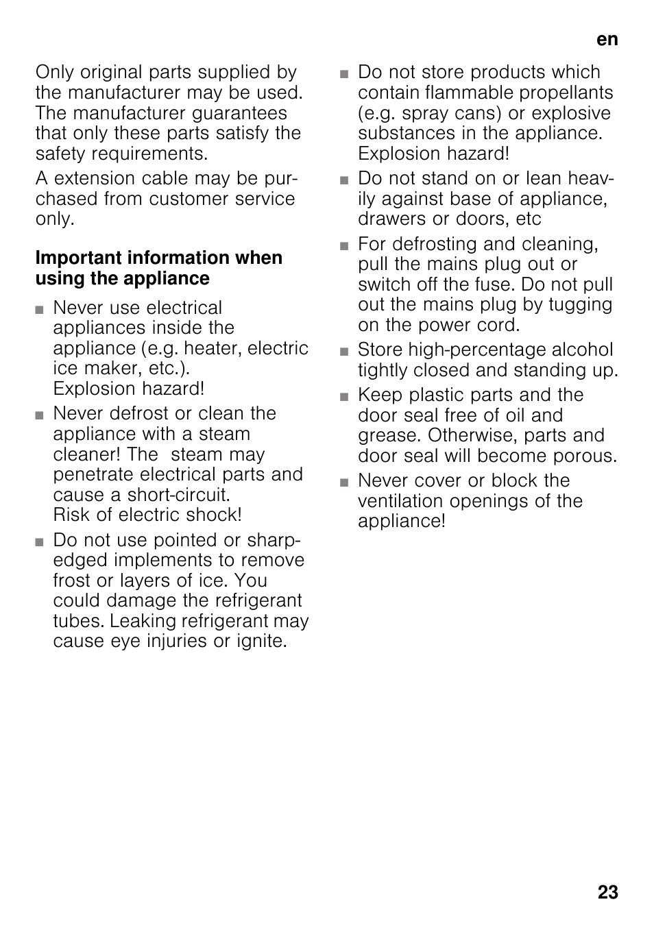 Important information when using the appliance | Bosch GSV33VW30 Congélateur armoire Confort User Manual | Page 23 / 94