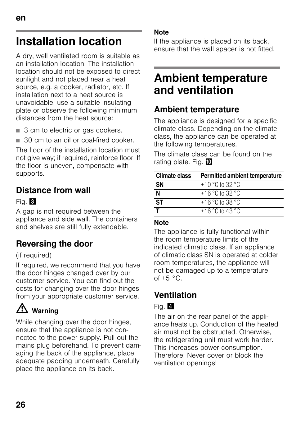 Installation location, Distance from wall, Reversing the door | Ambient temperature and ventilation, Ambient temperature, Ventilation, En 26 | Bosch GSV33VW30 Congélateur armoire Confort User Manual | Page 26 / 94