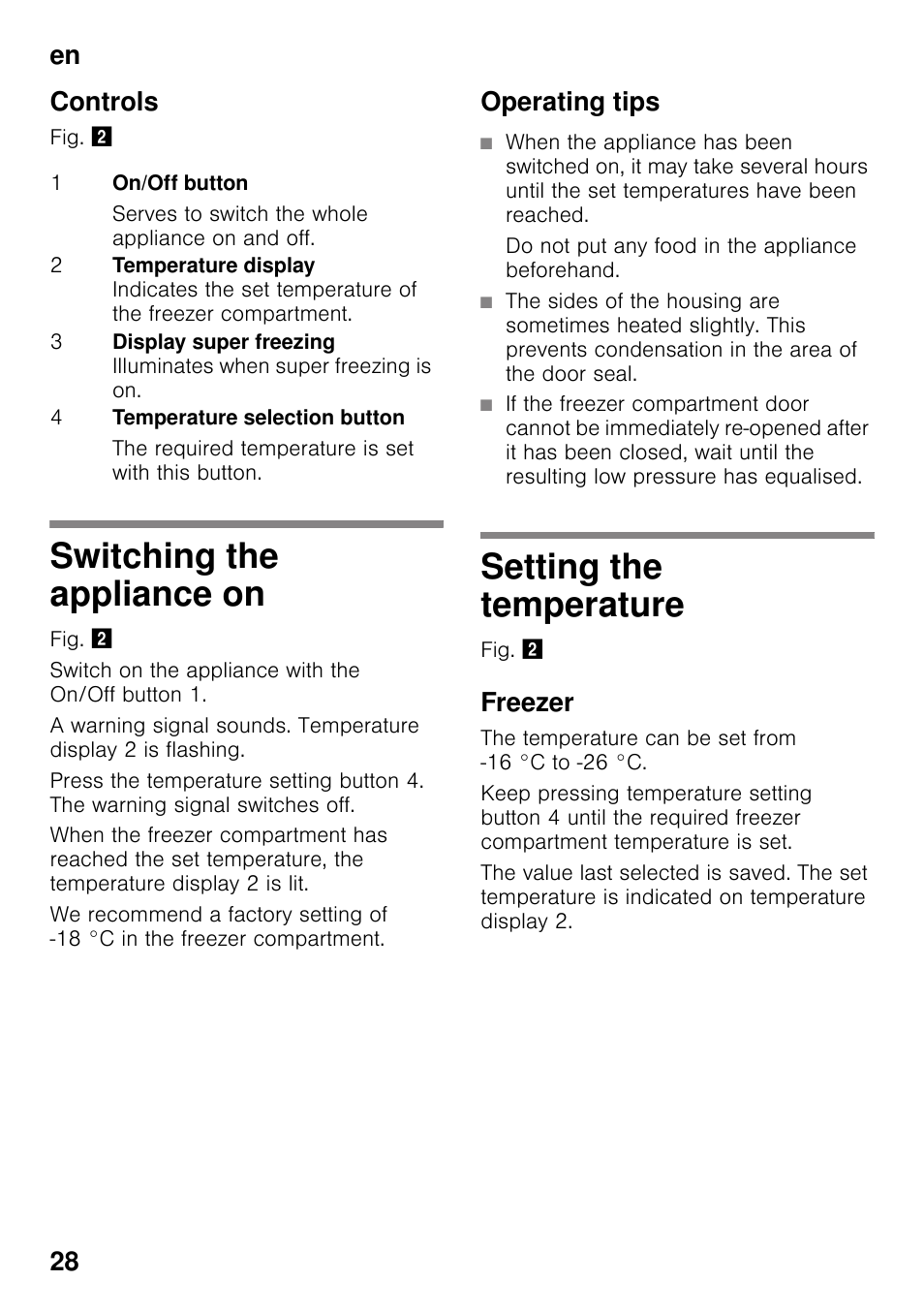 Controls, Switching the appliance on, Operating tips | Setting the temperature, Freezer, Switching the appliance on setting the temperature, En 28 controls | Bosch GSV33VW30 Congélateur armoire Confort User Manual | Page 28 / 94