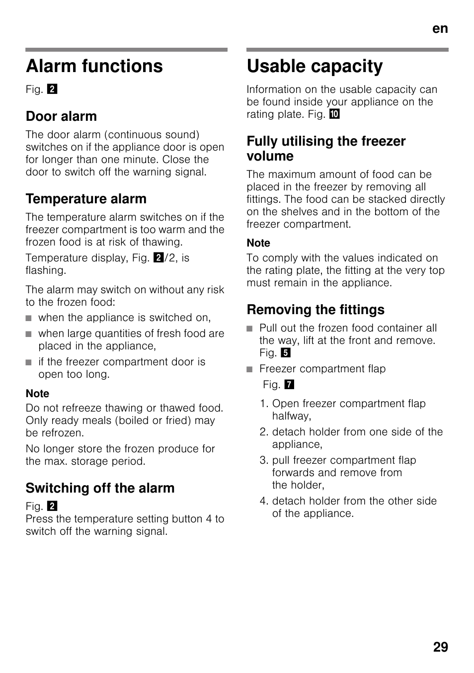 Alarm functions, Door alarm, Temperature alarm | Switching off the alarm, Usable capacity, Fully utilising the freezer volume, Removing the fittings, Alarm functions usable capacity, En 29 | Bosch GSV33VW30 Congélateur armoire Confort User Manual | Page 29 / 94