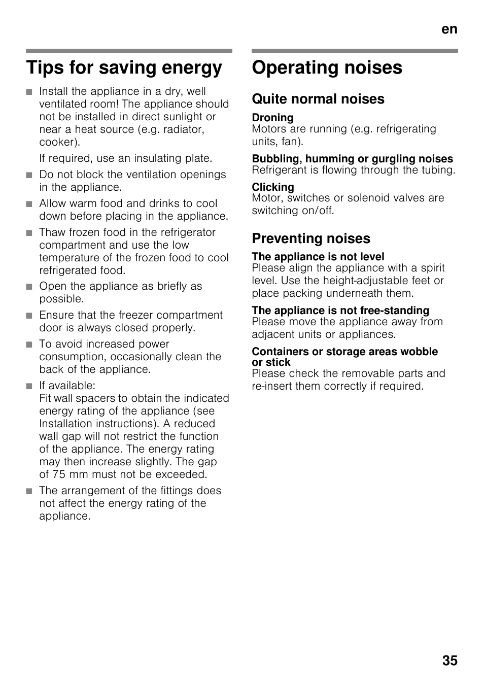 Tips for saving energy, Operating noises, Quite normal noises | Droning, Bubbling, humming or gurgling noises, Clicking, Preventing noises, The appliance is not level, The appliance is not free-standing, Containers or storage areas wobble or stick | Bosch GSV33VW30 Congélateur armoire Confort User Manual | Page 35 / 94