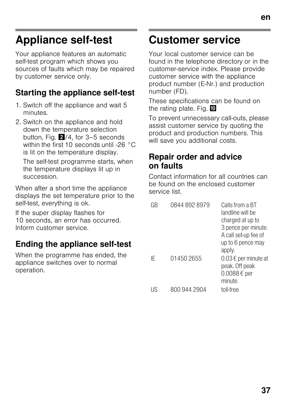 Appliance self-test, Starting the appliance self-test, Ending the appliance self-test | Customer service, Repair order and advice on faults, Appliance self-test customer service, En 37 | Bosch GSV33VW30 Congélateur armoire Confort User Manual | Page 37 / 94