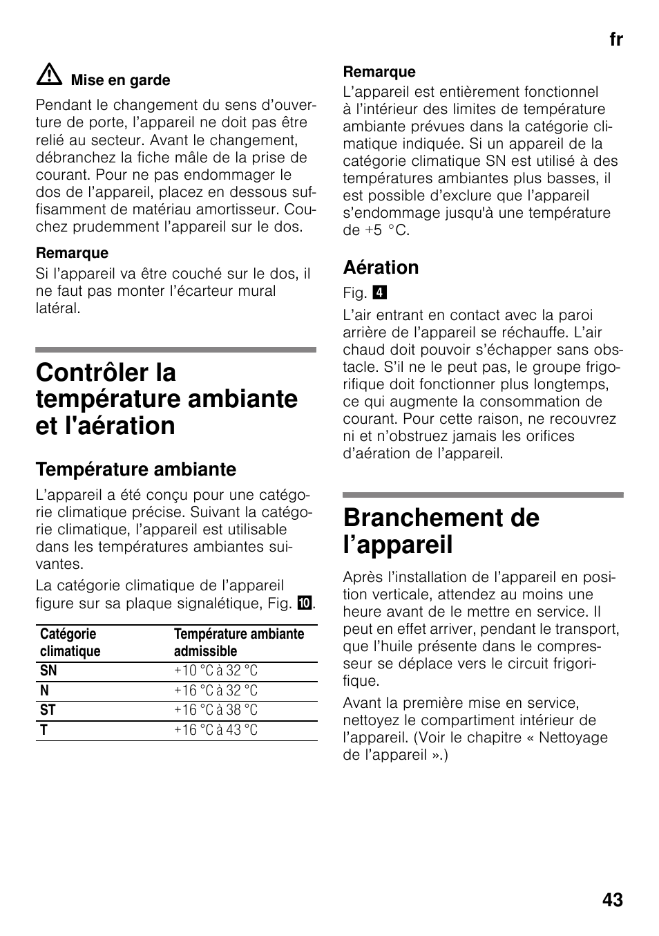 Contrôler la température ambiante et l'aération, Température ambiante, Aération | Branchement de l’appareil, Et l'aération branchement de l’appareil, Fr 43 | Bosch GSV33VW30 Congélateur armoire Confort User Manual | Page 43 / 94