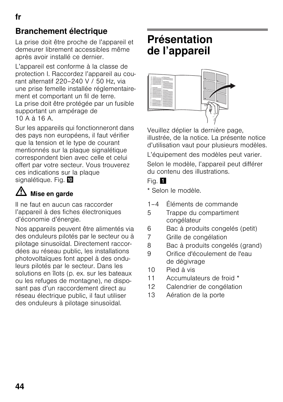 Branchement électrique, Présentation de l’appareil, Fr 44 branchement électrique | Bosch GSV33VW30 Congélateur armoire Confort User Manual | Page 44 / 94