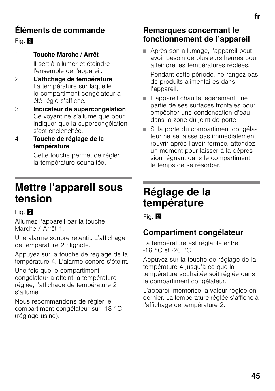 Éléments de commande, Mettre l’appareil sous tension, Réglage de la température | Compartiment congélateur, Fr 45 éléments de commande | Bosch GSV33VW30 Congélateur armoire Confort User Manual | Page 45 / 94