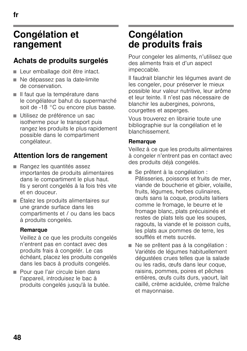 Congélation et rangement, Achats de produits surgelés, Attention lors de rangement | Congélation de produits frais, Fr 48 | Bosch GSV33VW30 Congélateur armoire Confort User Manual | Page 48 / 94