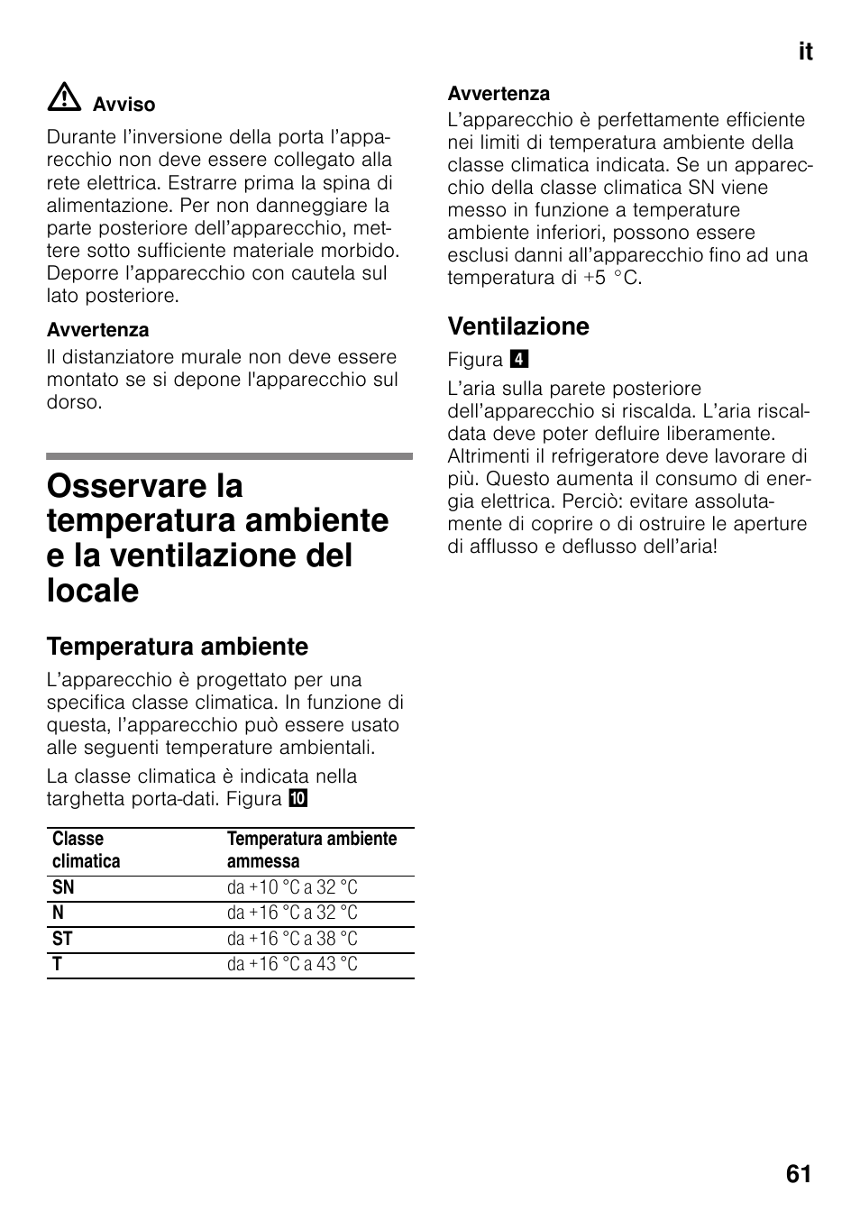 Temperatura ambiente, Ventilazione, E la ventilazione del locale | It 61 | Bosch GSV33VW30 Congélateur armoire Confort User Manual | Page 61 / 94