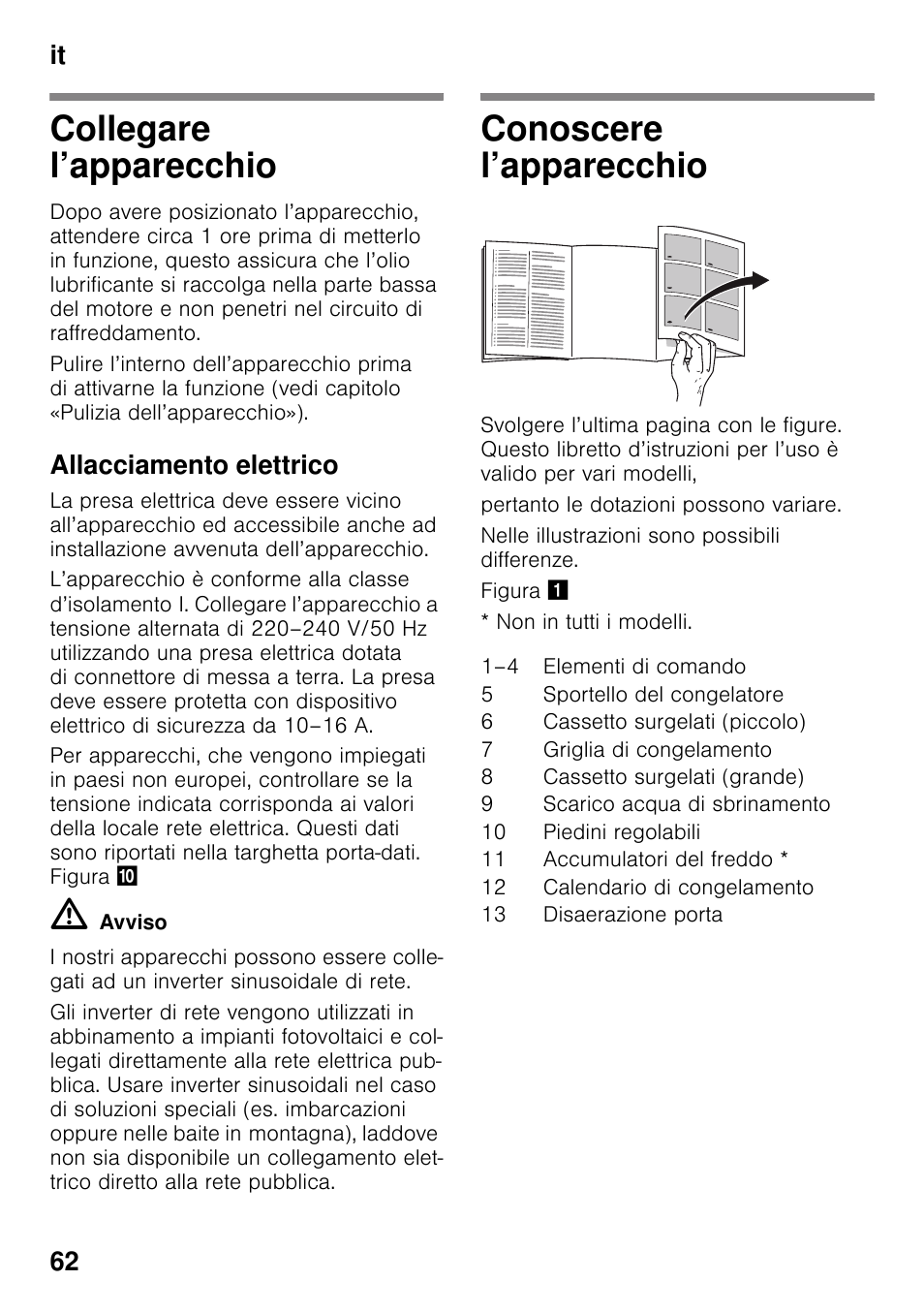 Collegare l’apparecchio, Allacciamento elettrico, Conoscere l’apparecchio | Collegare l’apparecchio conoscere l’apparecchio, It 62 | Bosch GSV33VW30 Congélateur armoire Confort User Manual | Page 62 / 94