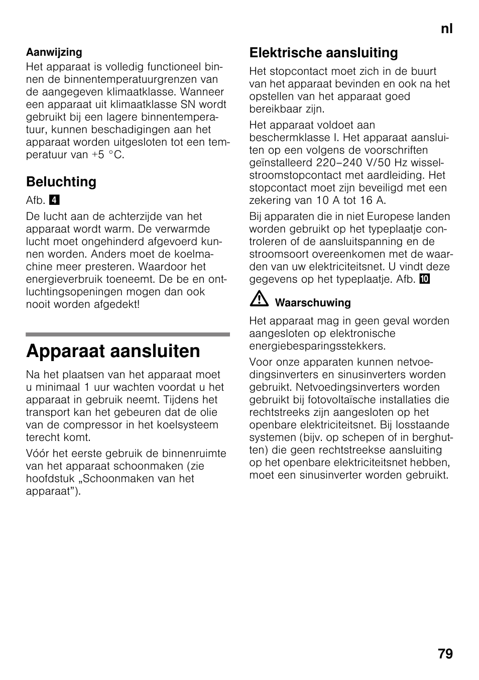 Beluchting, Apparaat aansluiten, Elektrische aansluiting | Nl 79 | Bosch GSV33VW30 Congélateur armoire Confort User Manual | Page 79 / 94