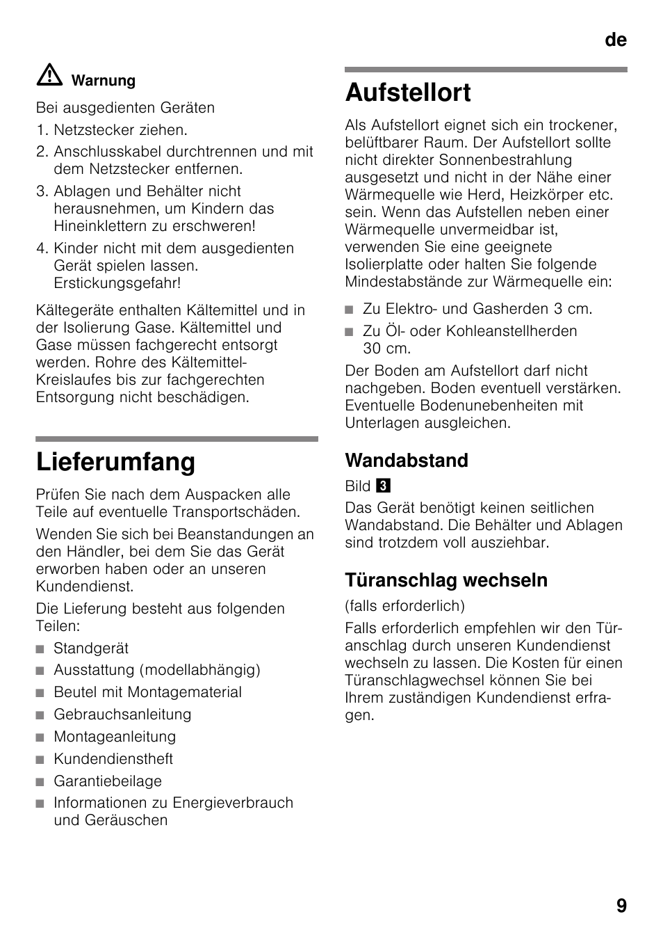 Lieferumfang, Aufstellort, Wandabstand | Türanschlag wechseln, Lieferumfang aufstellort, De 9 | Bosch GSV33VW30 Congélateur armoire Confort User Manual | Page 9 / 94