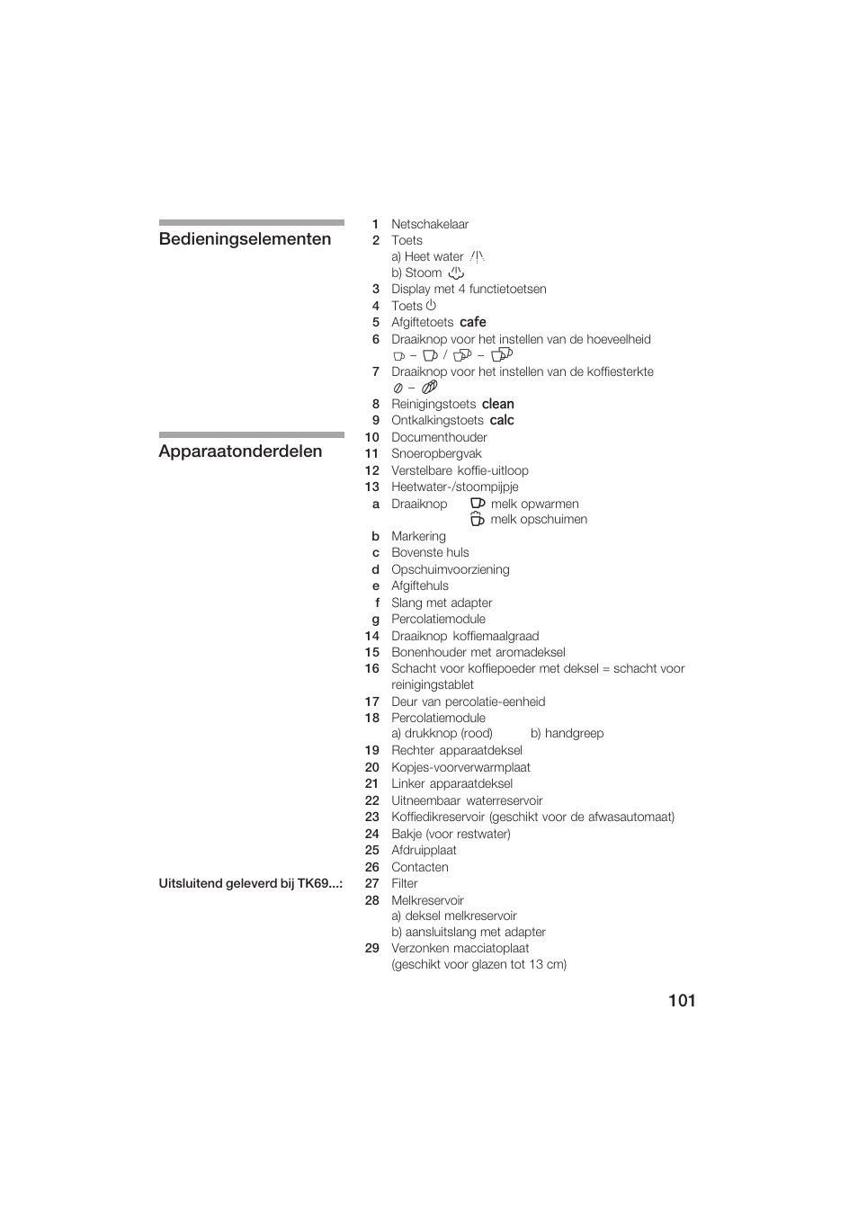 Bedieningselementen apparaatonderdelen | Siemens TK69001 User Manual | Page 101 / 155