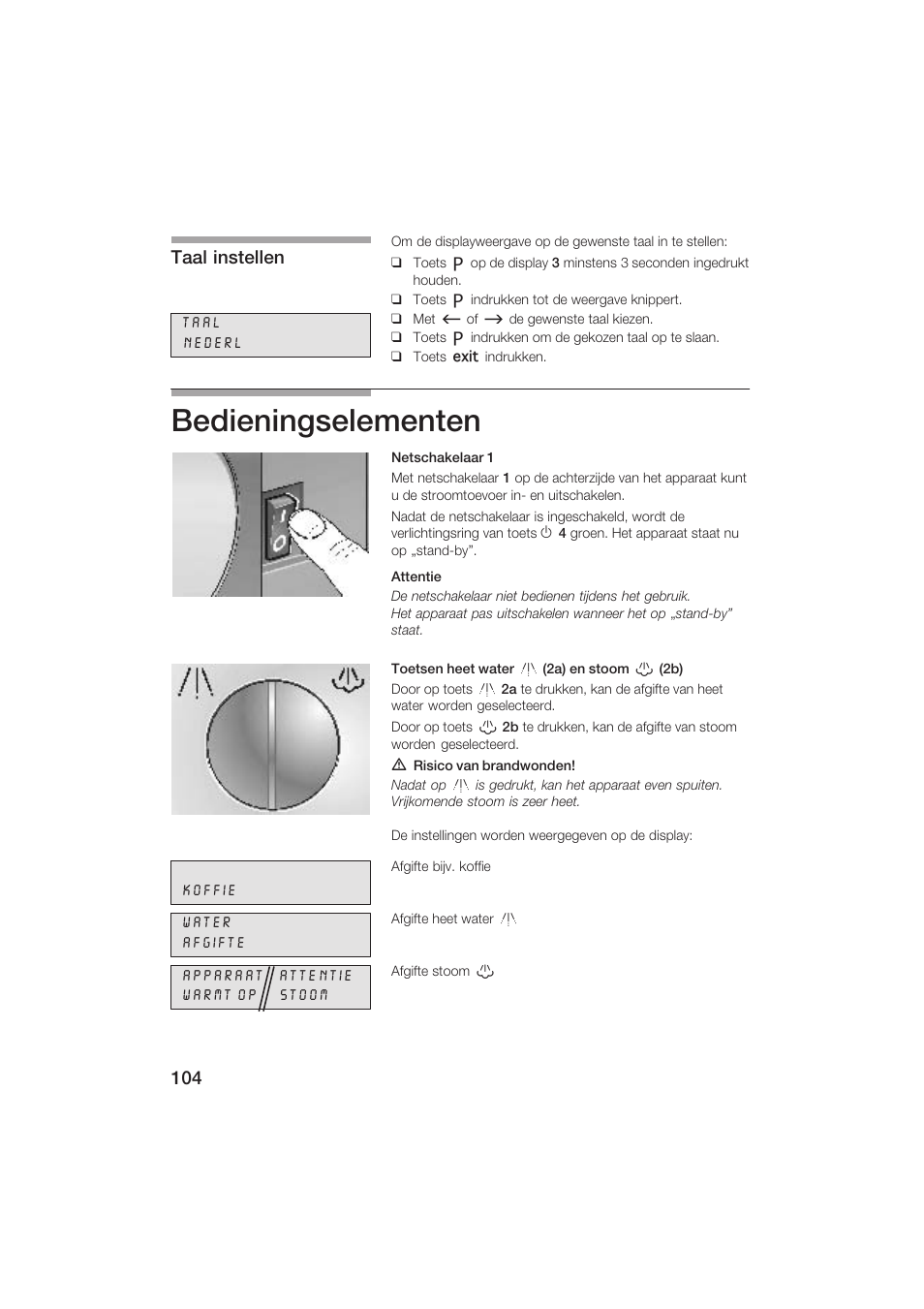 Bedieningselementen, Taal instellen | Siemens TK69001 User Manual | Page 104 / 155