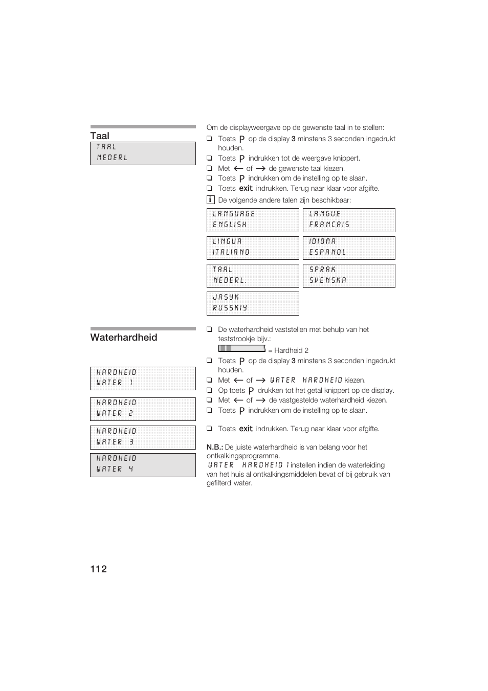 Taal, Waterhardheid | Siemens TK69001 User Manual | Page 112 / 155