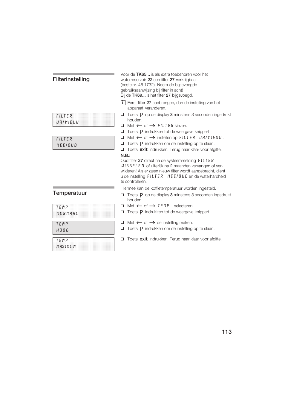 Filterinstelling, Temperatuur | Siemens TK69001 User Manual | Page 113 / 155