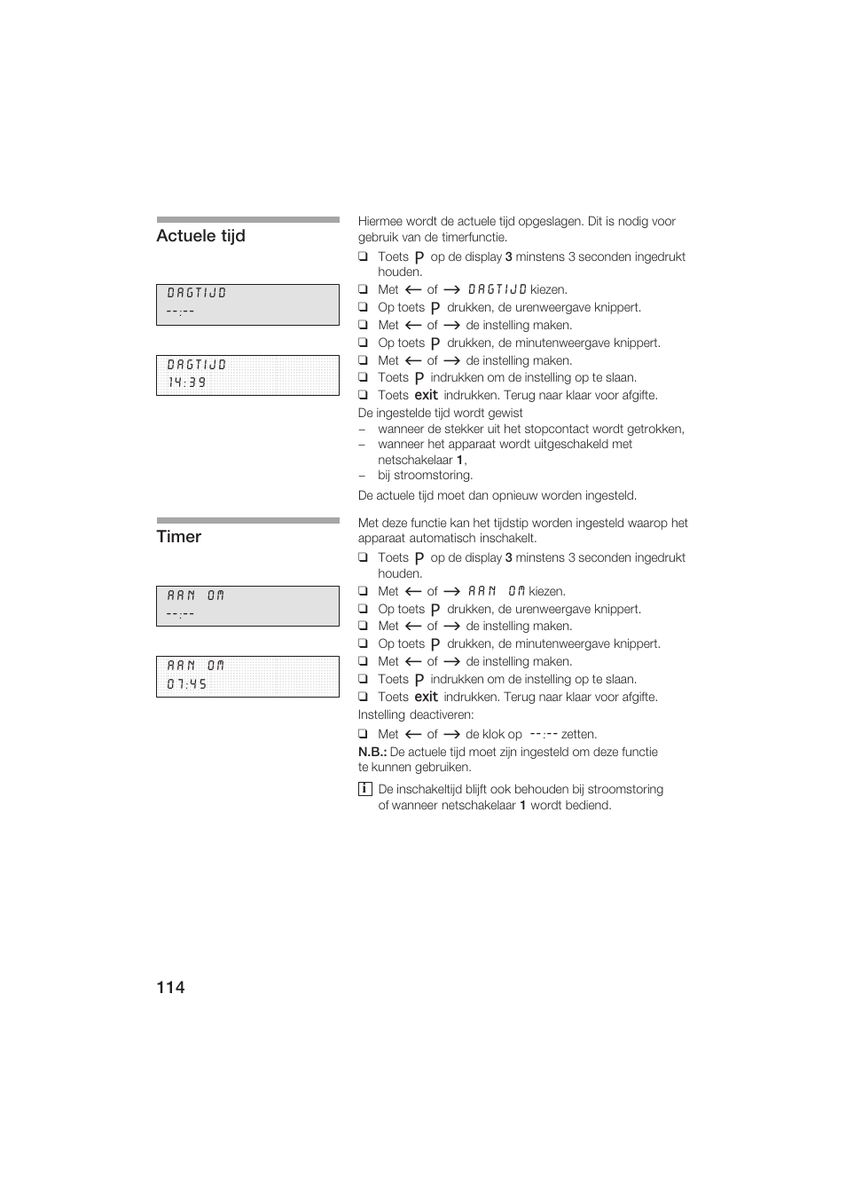 Actuele tijd, Timer | Siemens TK69001 User Manual | Page 114 / 155