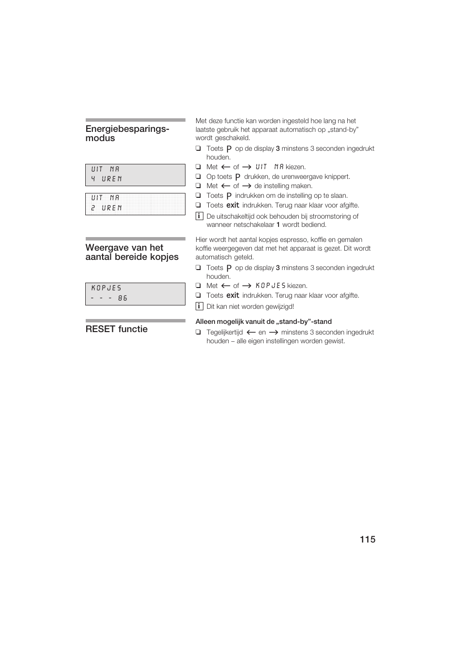 Energiebesparingsć modus, Weergave van het aantal bereide kopjes, Reset functie | Siemens TK69001 User Manual | Page 115 / 155