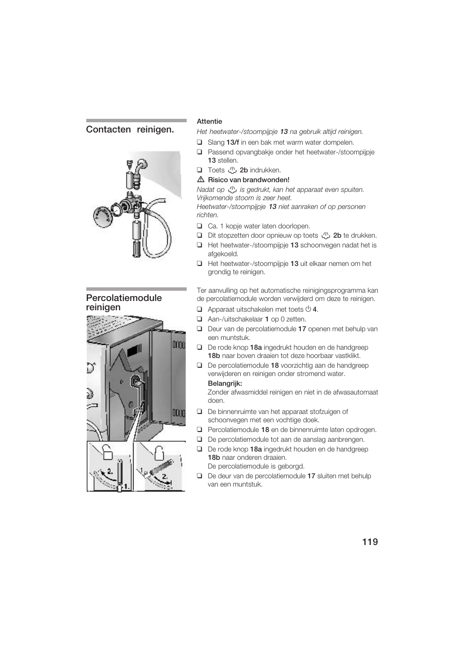 Contacten reinigen. percolatiemodule reinigen | Siemens TK69001 User Manual | Page 119 / 155