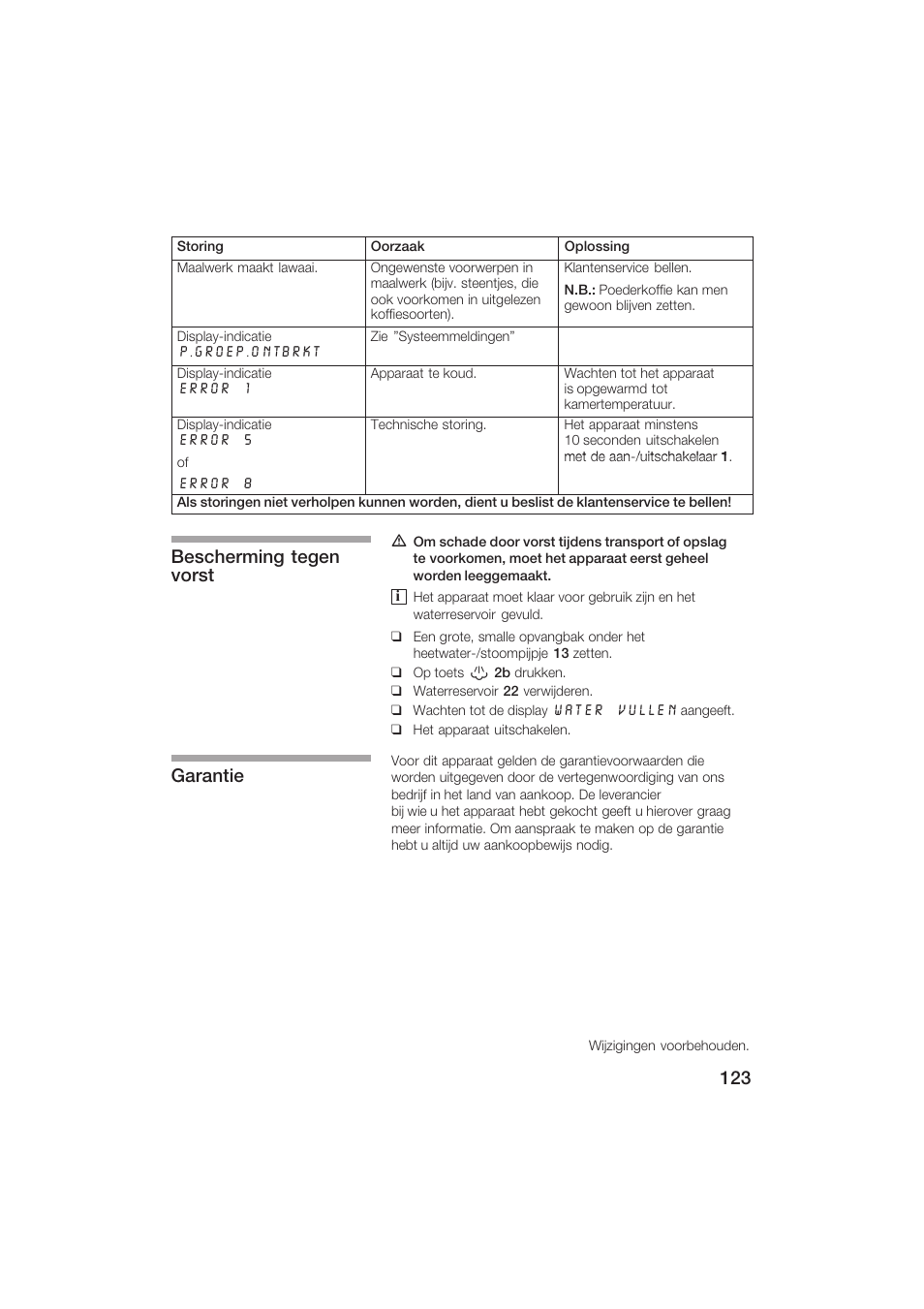 Bescherming tegen vorst garantie | Siemens TK69001 User Manual | Page 123 / 155