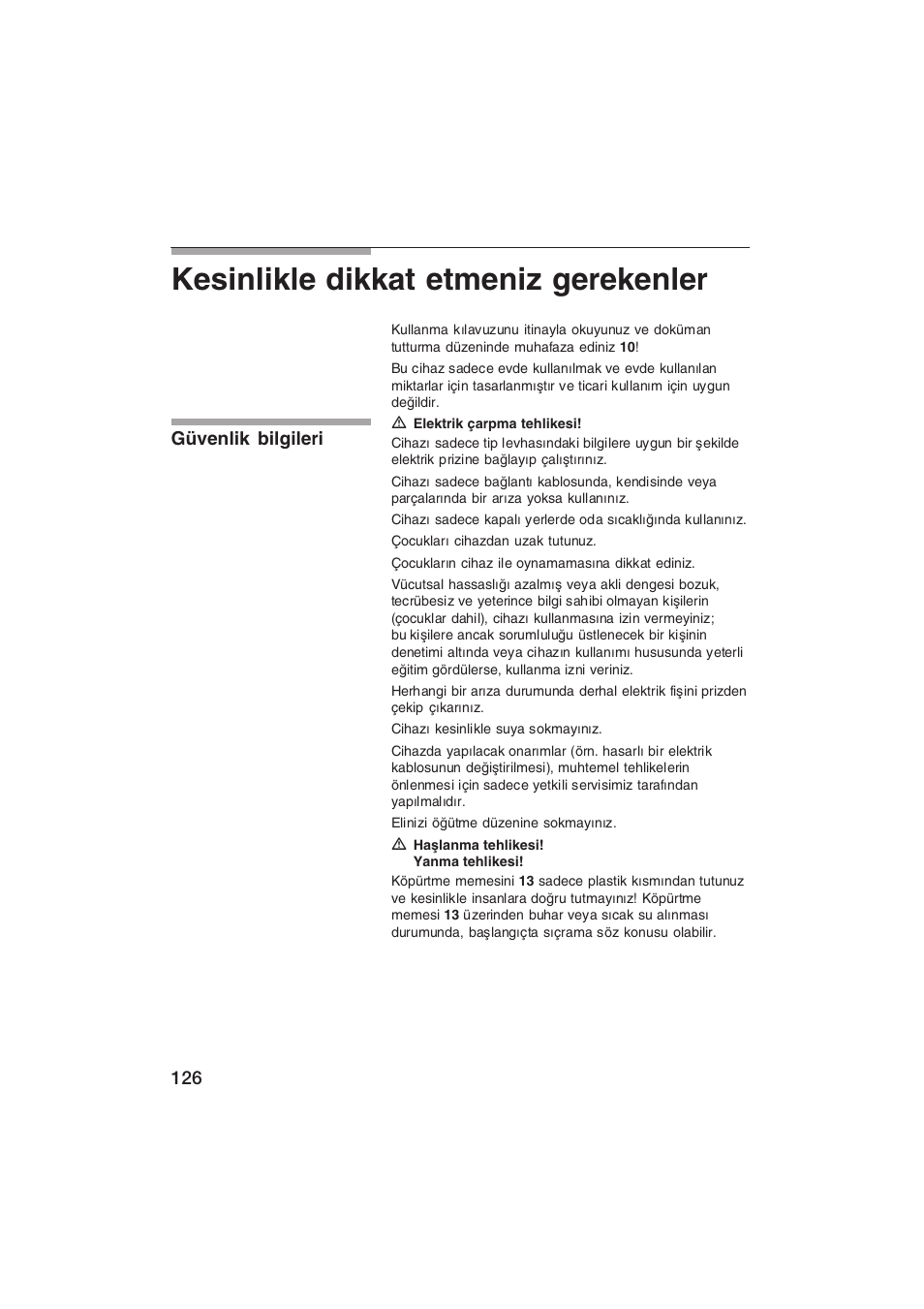 Kesinlikle dikkat etmeniz gerekenler, Güvenlik bilgileri | Siemens TK69001 User Manual | Page 126 / 155