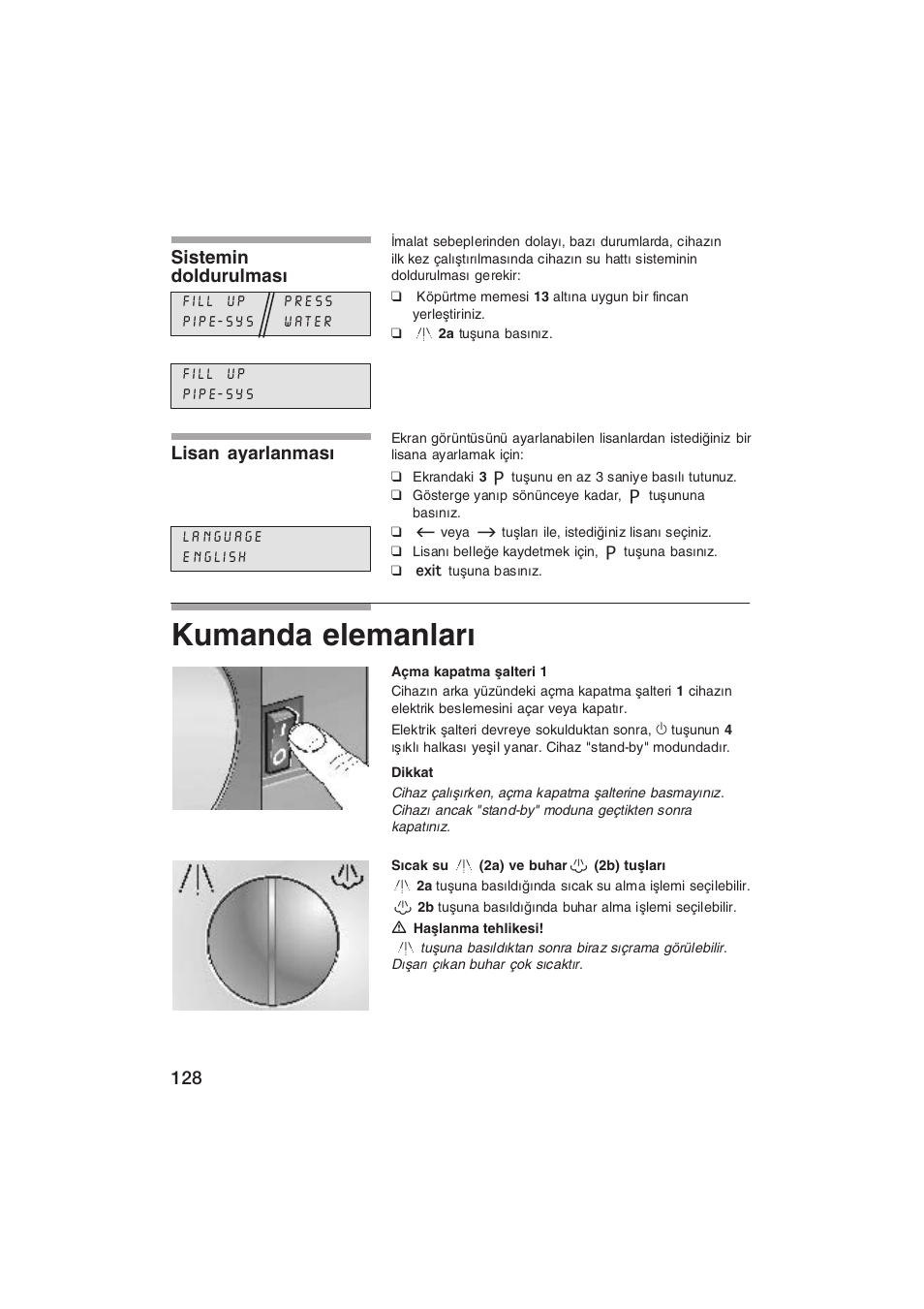 Kumanda elemanlar, Sistemin doldurulmas, Lisan ayarlanmas | Siemens TK69001 User Manual | Page 128 / 155