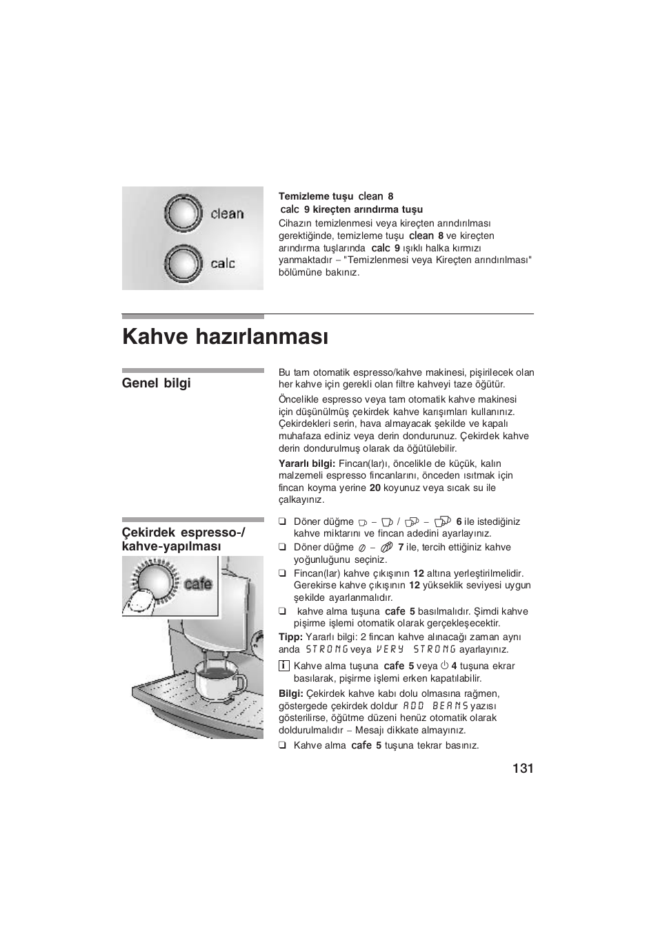 Kahve hazrlanmas, Genel bilgi | Siemens TK69001 User Manual | Page 131 / 155