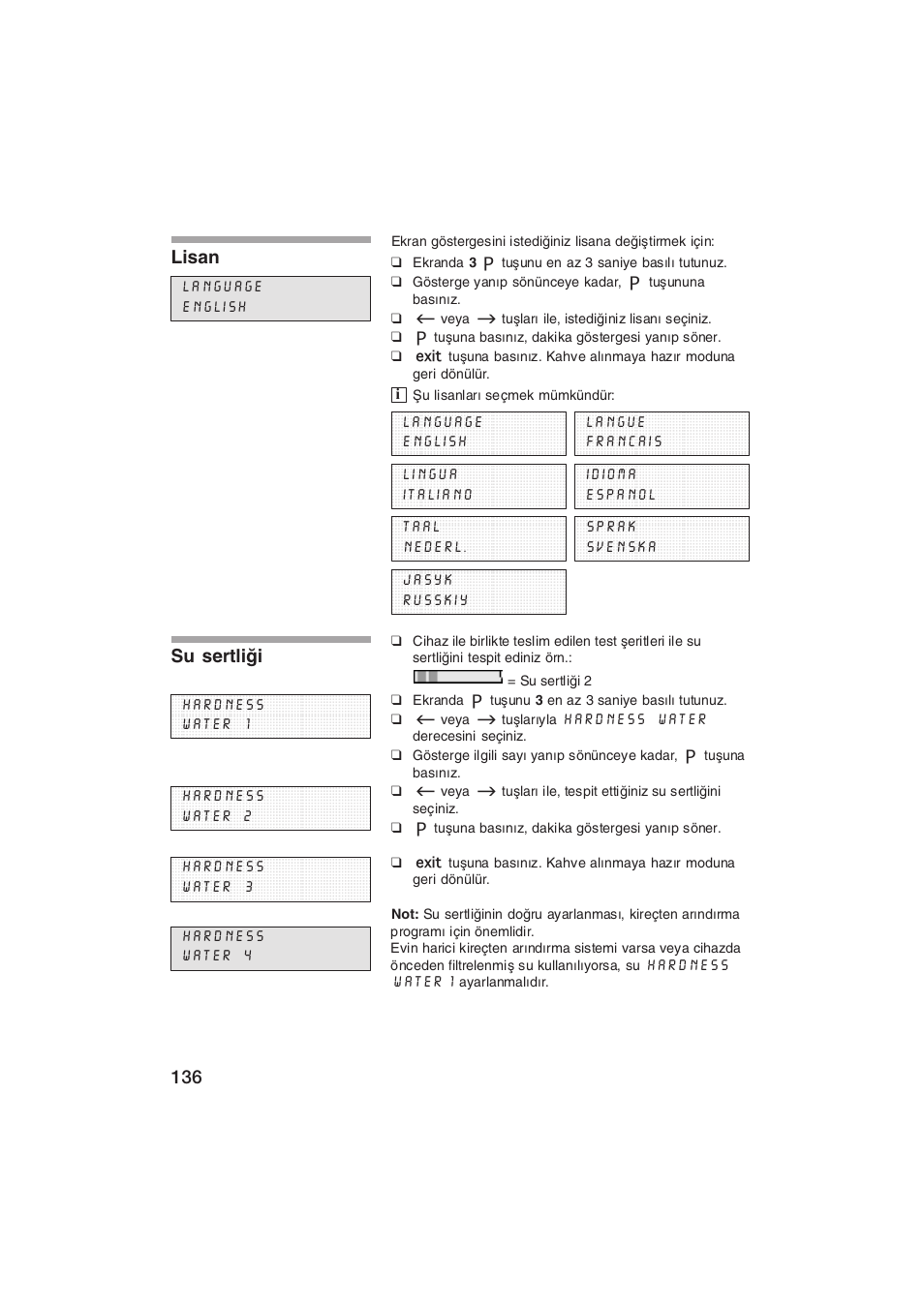 Lisan, Su sertlii | Siemens TK69001 User Manual | Page 136 / 155