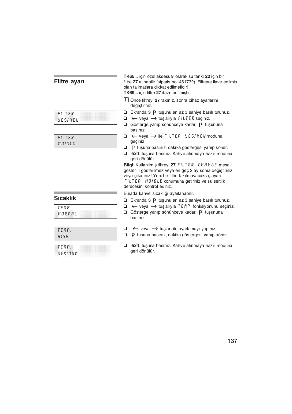 Filtre ayar, Scaklk | Siemens TK69001 User Manual | Page 137 / 155