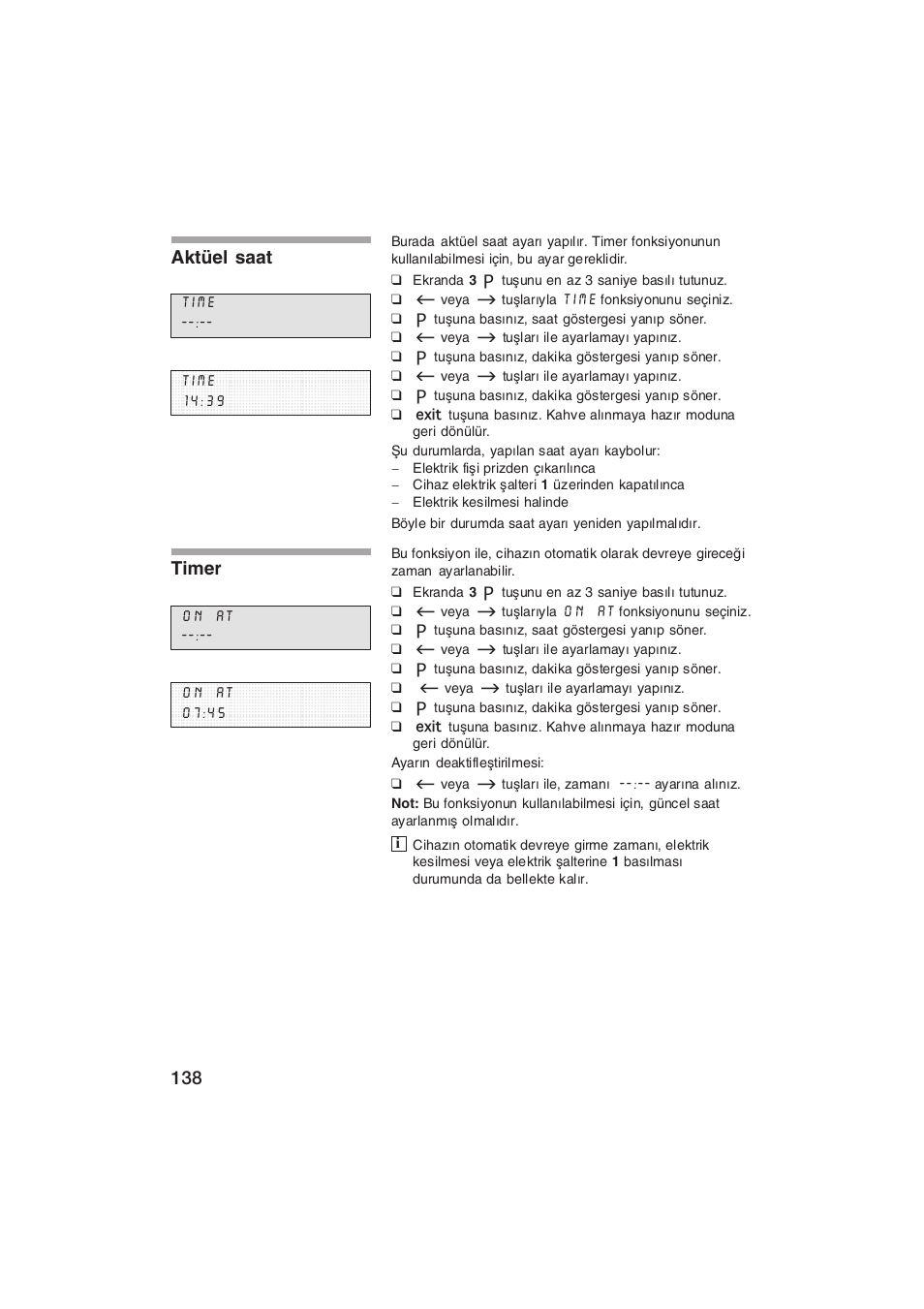 Aktüel saat, Timer | Siemens TK69001 User Manual | Page 138 / 155