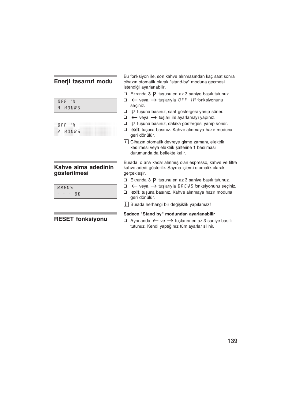 Enerji tasarruf modu, Kahve alma adedinin gösterilmesi, Reset fonksiyonu | Siemens TK69001 User Manual | Page 139 / 155