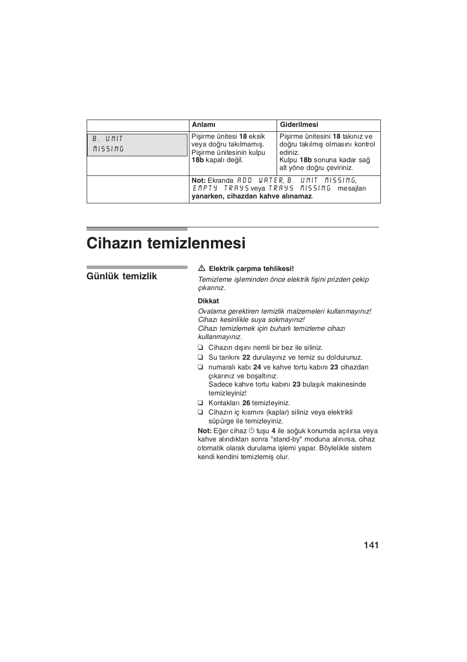 Cihazn temizlenmesi, Günlük temizlik | Siemens TK69001 User Manual | Page 141 / 155