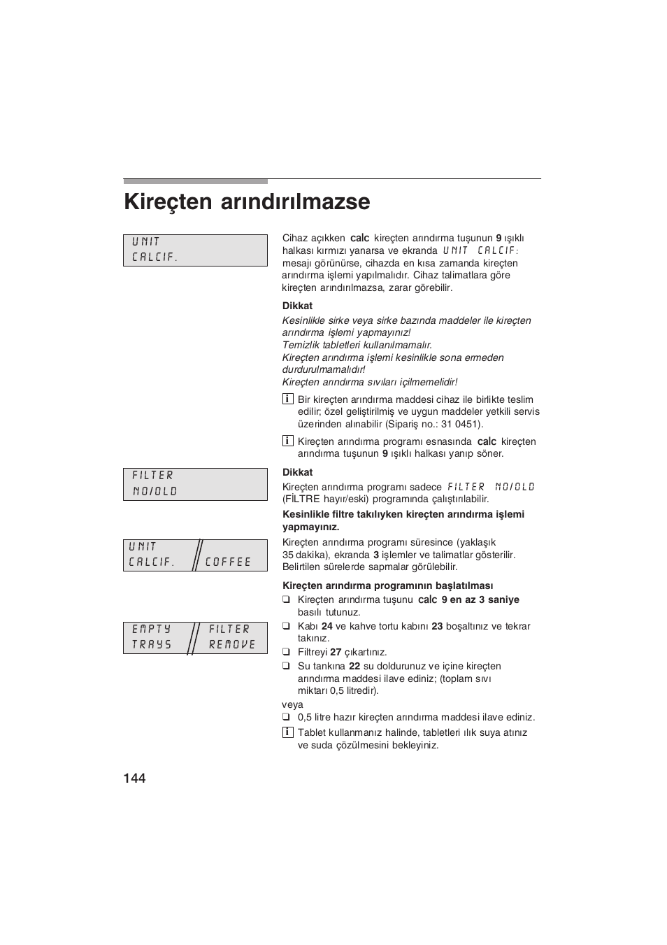 Kireçten arndrlmazse | Siemens TK69001 User Manual | Page 144 / 155