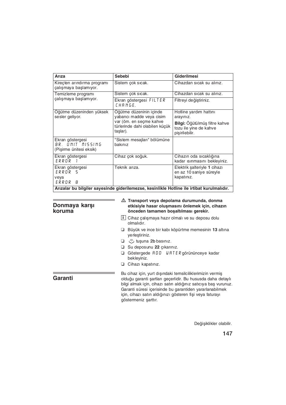 Donmaya karå koruma garanti | Siemens TK69001 User Manual | Page 147 / 155