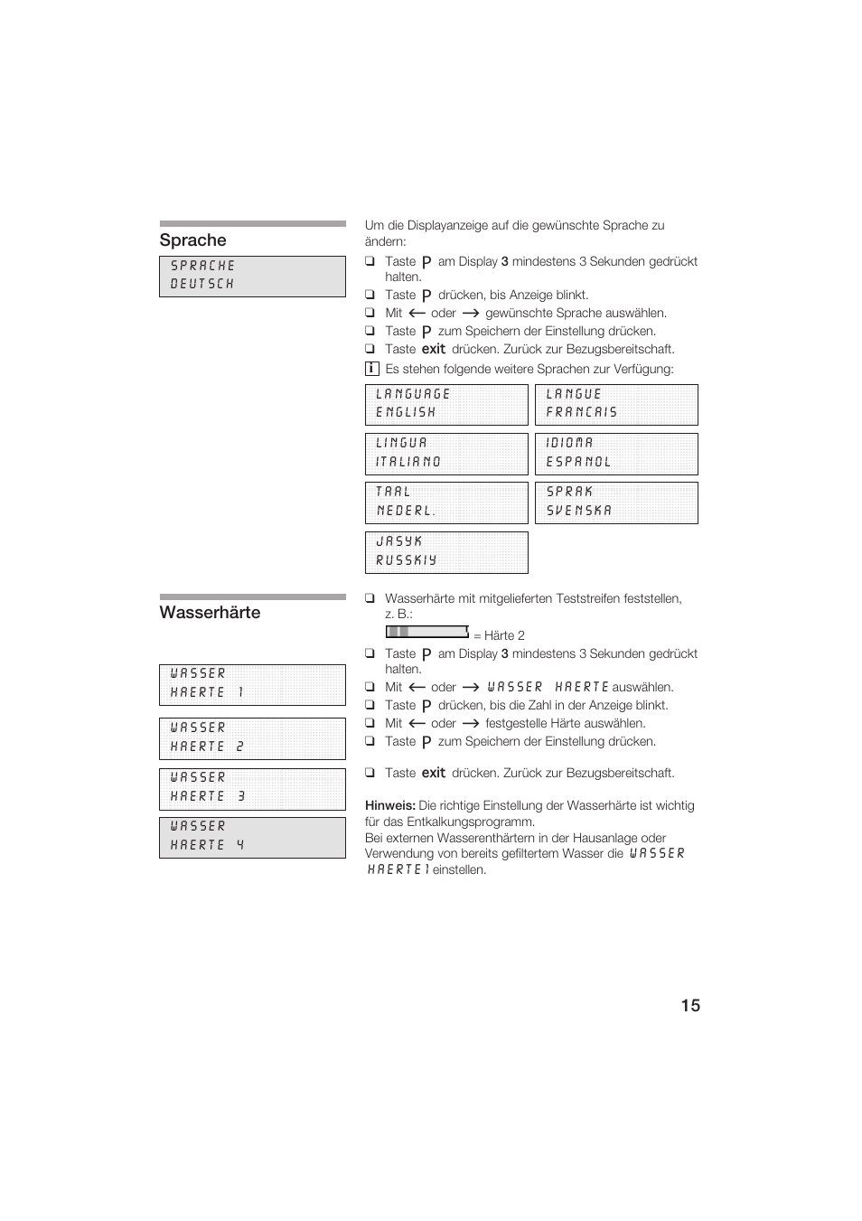 Sprache, Wasserhärte | Siemens TK69001 User Manual | Page 15 / 155