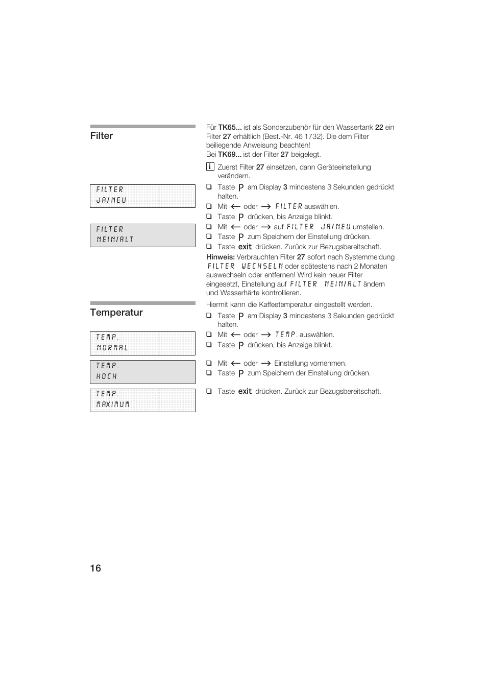 Filter, Temperatur | Siemens TK69001 User Manual | Page 16 / 155