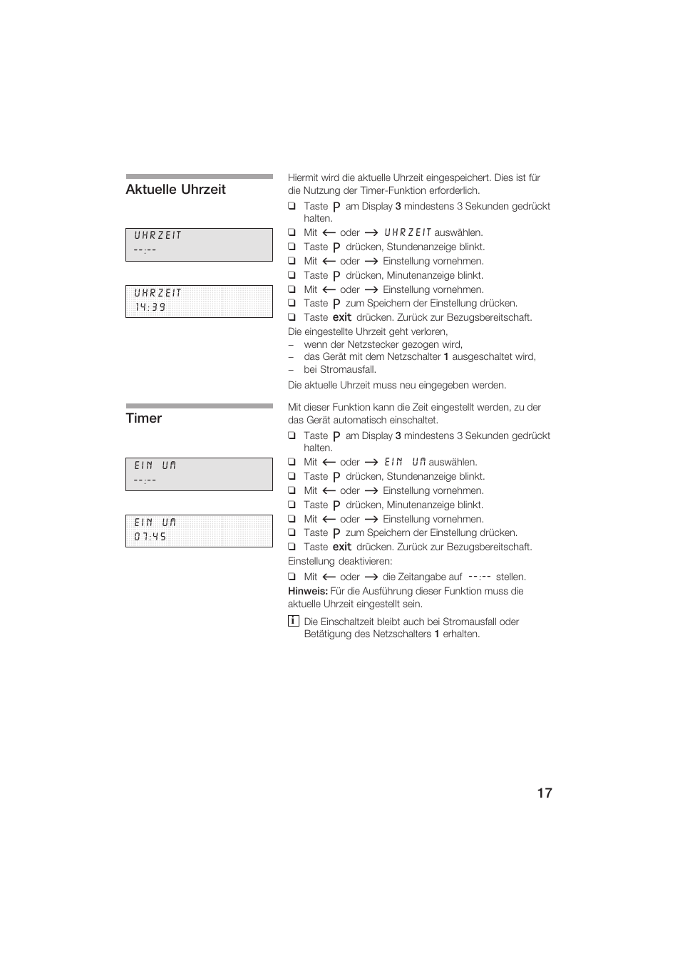 Aktuelle uhrzeit, Timer | Siemens TK69001 User Manual | Page 17 / 155