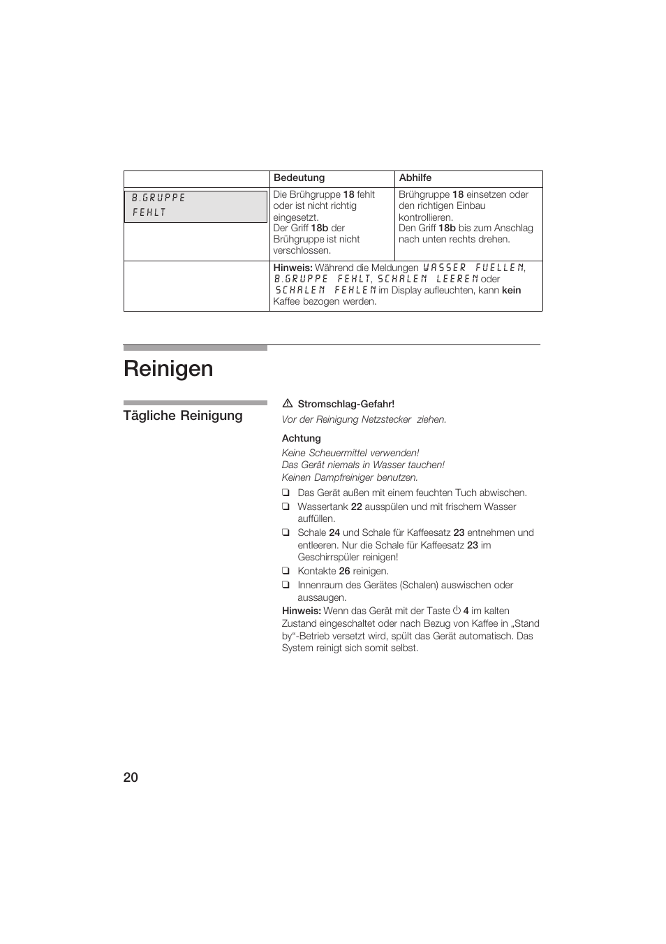 Reinigen, Tägliche reinigung | Siemens TK69001 User Manual | Page 20 / 155
