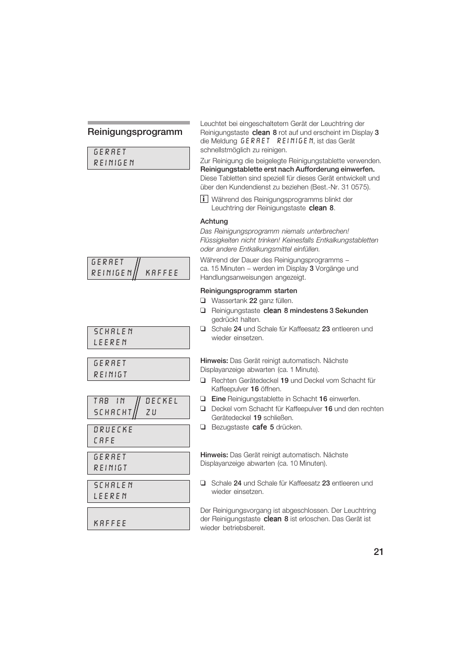 Reinigungsprogramm | Siemens TK69001 User Manual | Page 21 / 155