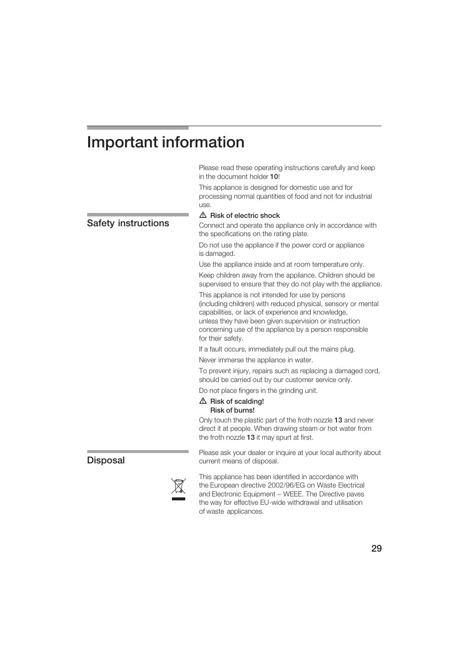 Important information, Safety instructions disposal | Siemens TK69001 User Manual | Page 29 / 155