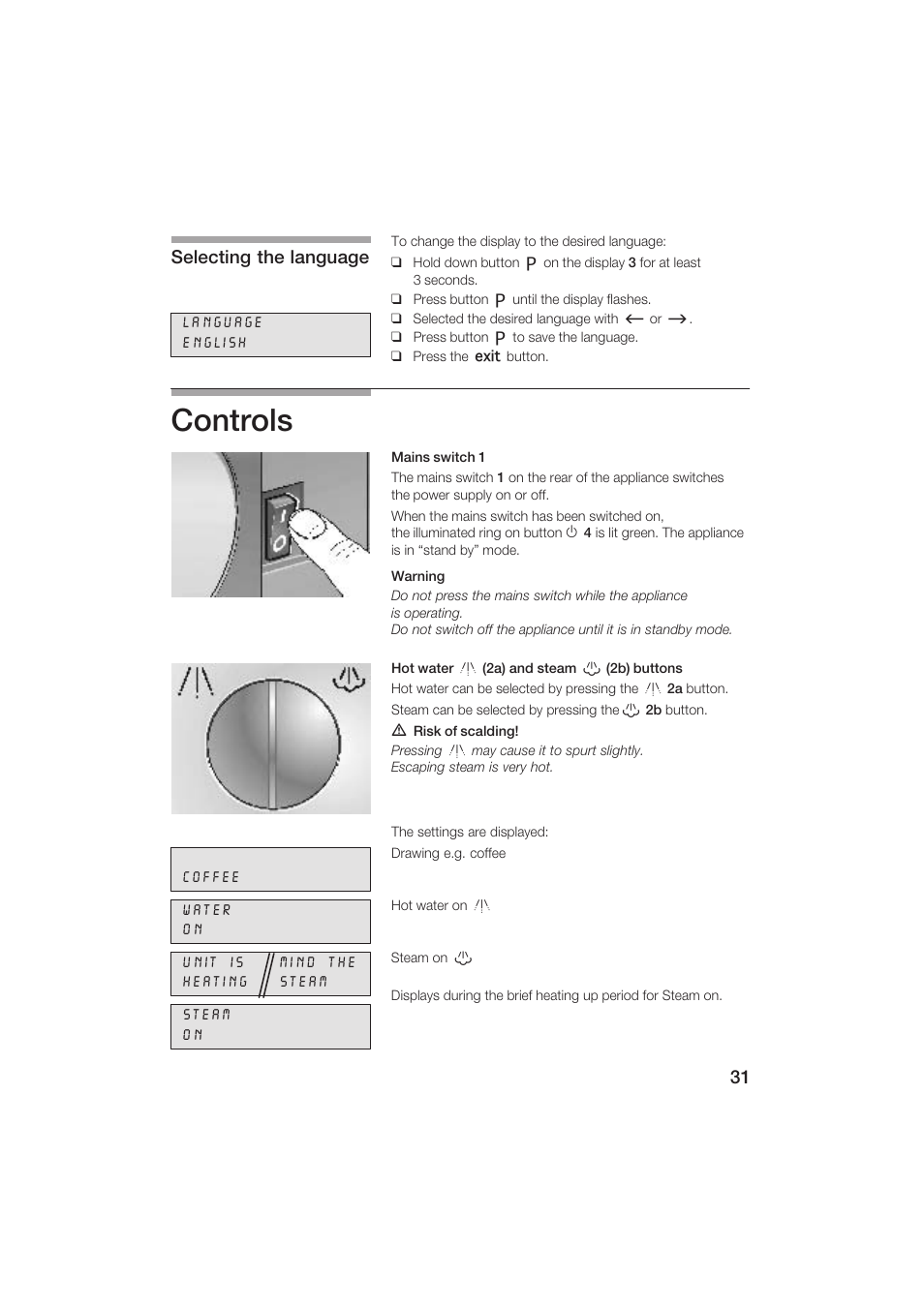 Controls, Selecting the language | Siemens TK69001 User Manual | Page 31 / 155