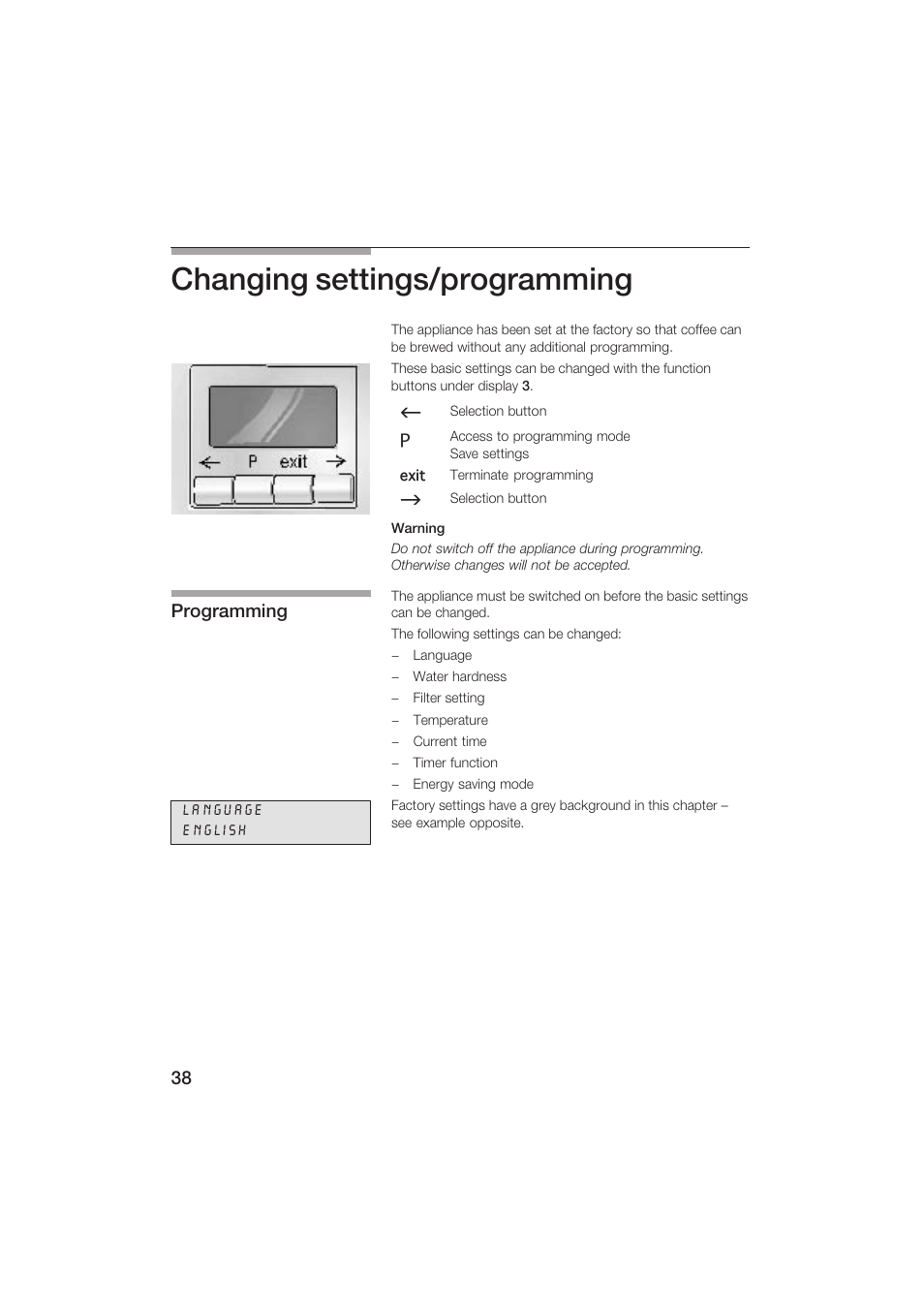 Changing settings/programming | Siemens TK69001 User Manual | Page 38 / 155