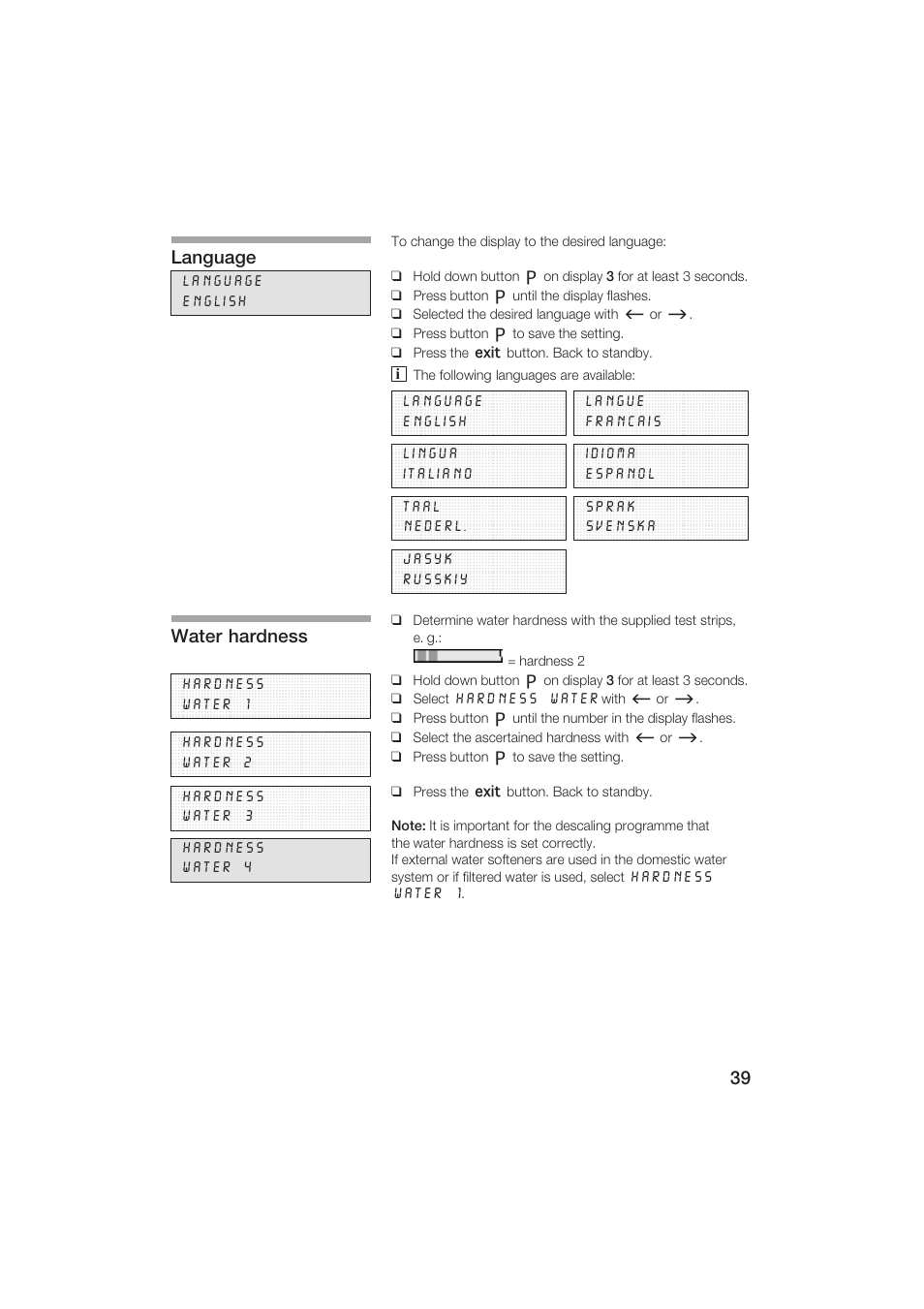 Language, Water hardness | Siemens TK69001 User Manual | Page 39 / 155