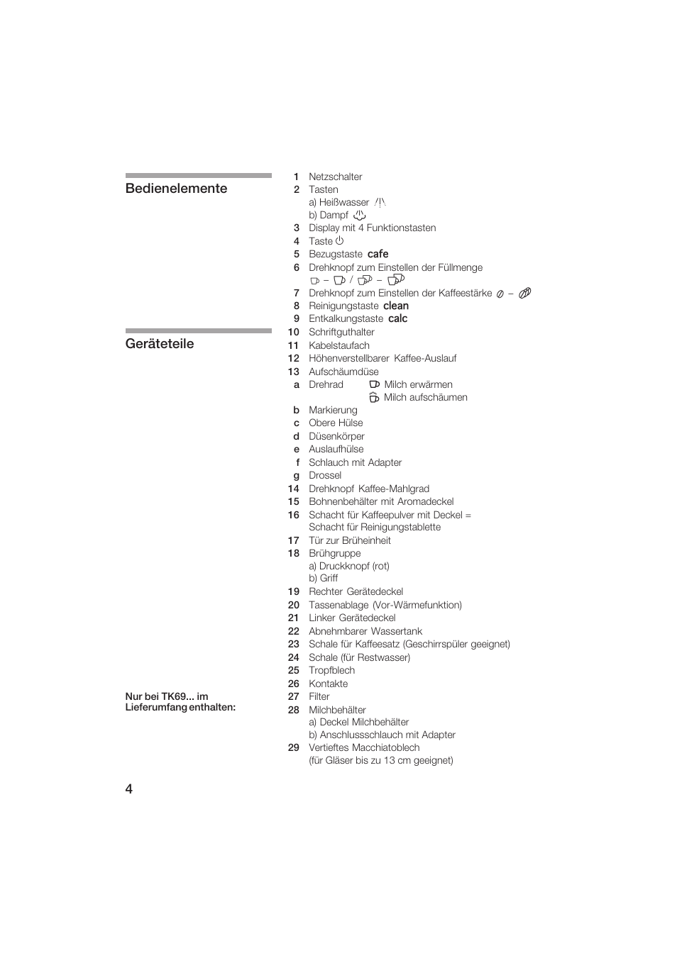 Bedienelemente geräteteile | Siemens TK69001 User Manual | Page 4 / 155