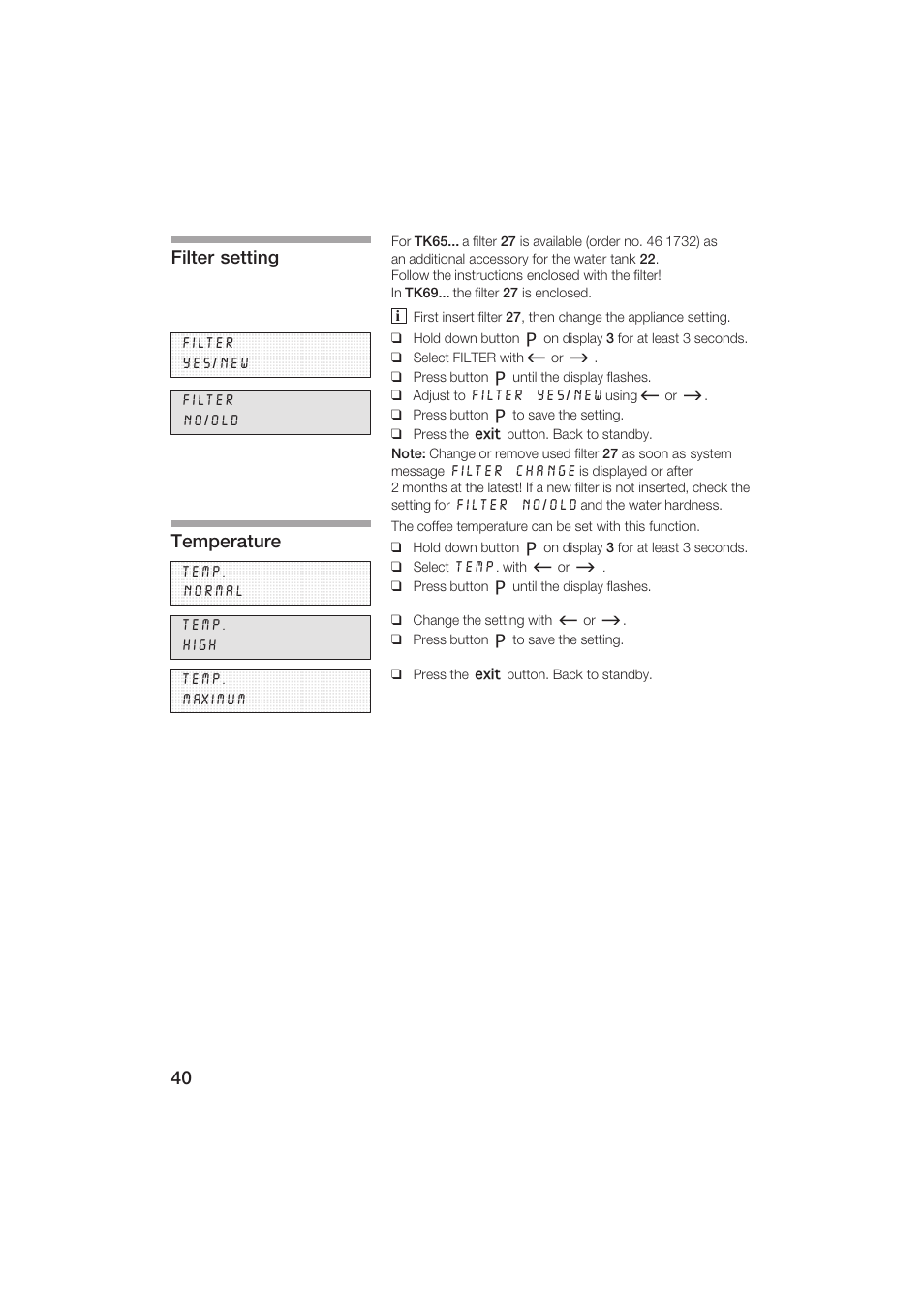 Filter setting, Temperature | Siemens TK69001 User Manual | Page 40 / 155