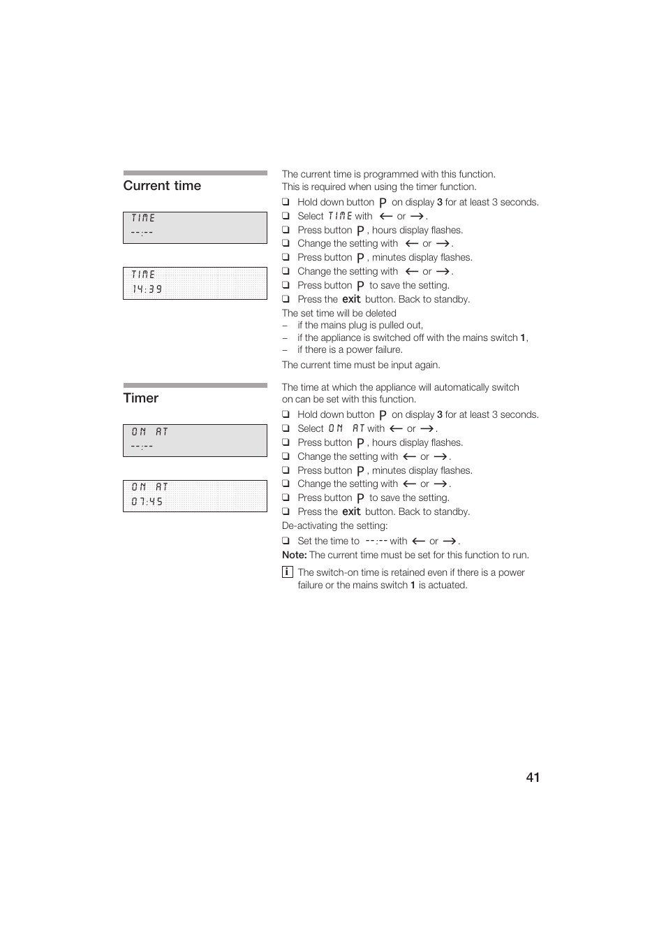 Current time, Timer | Siemens TK69001 User Manual | Page 41 / 155