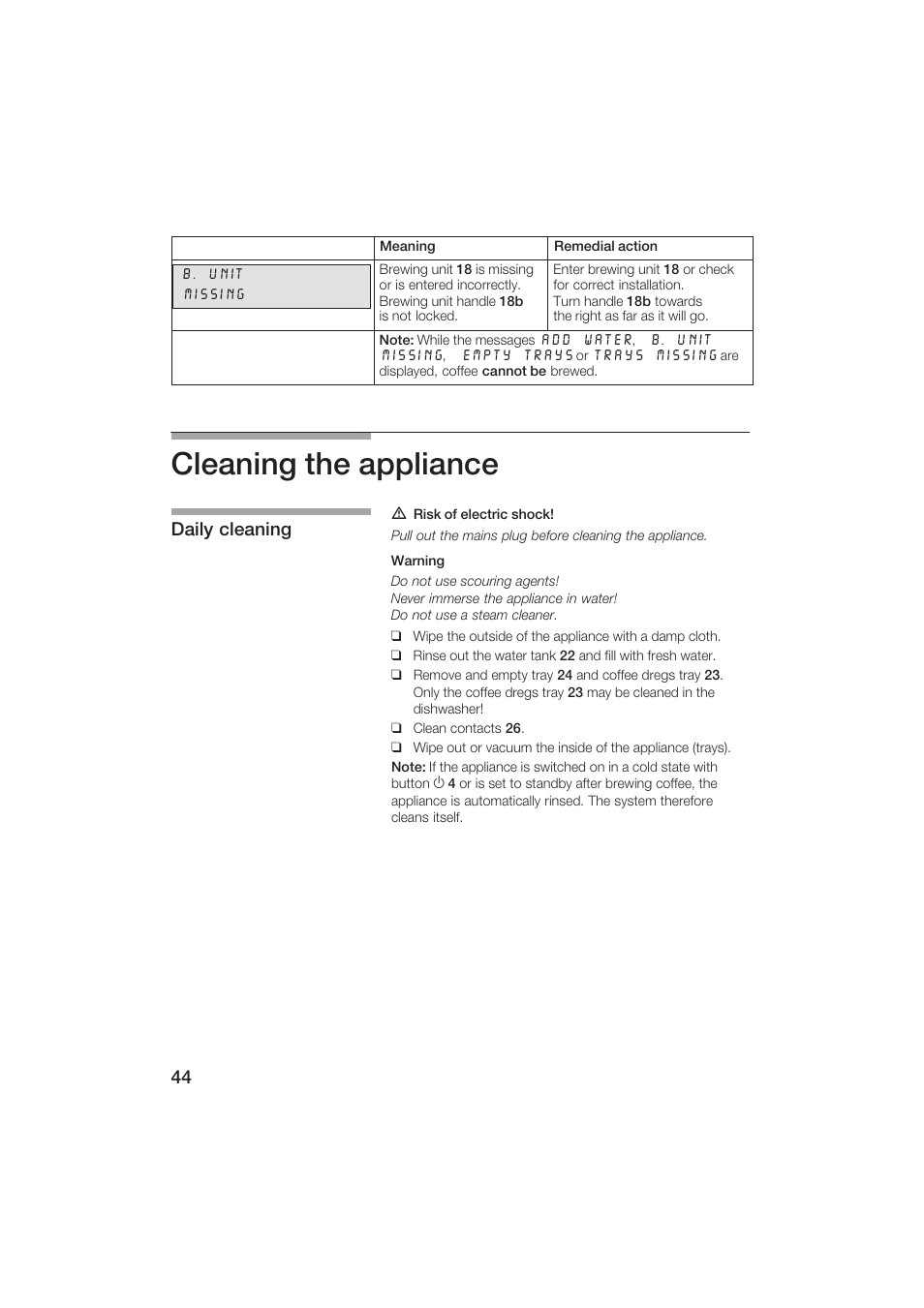 Cleaning the appliance, Daily cleaning | Siemens TK69001 User Manual | Page 44 / 155