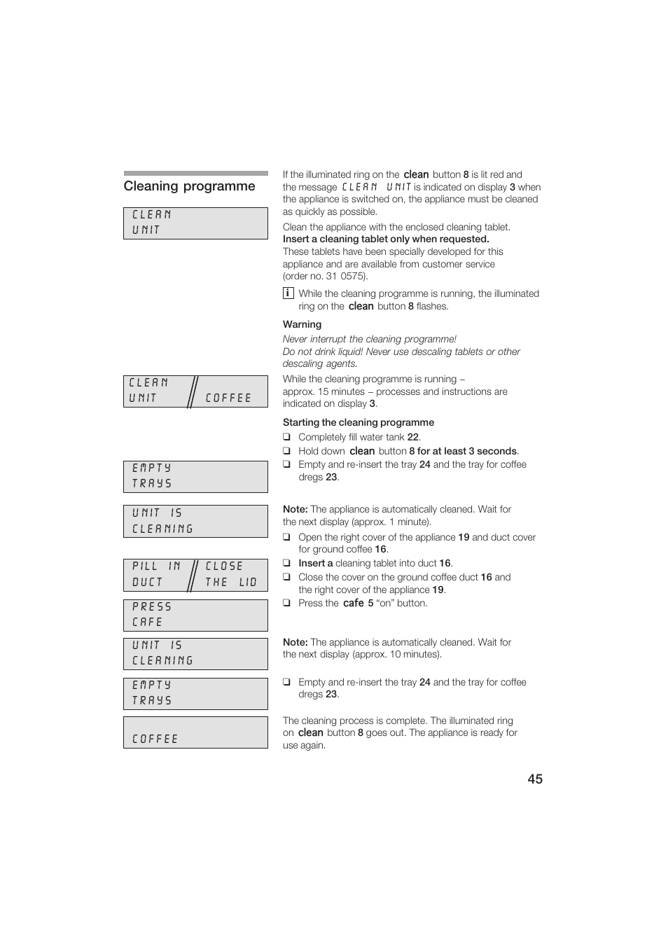 Cleaning programme | Siemens TK69001 User Manual | Page 45 / 155