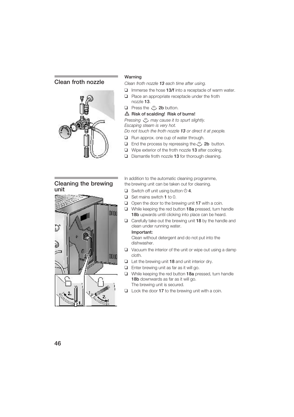 Clean froth nozzle cleaning the brewing unit | Siemens TK69001 User Manual | Page 46 / 155