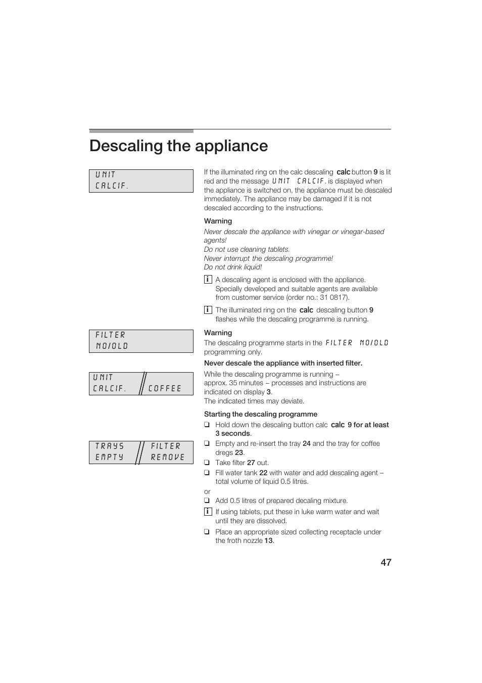 Descaling the appliance | Siemens TK69001 User Manual | Page 47 / 155